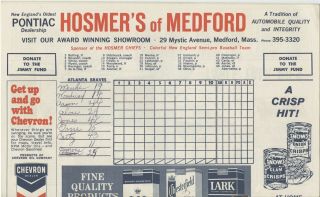 Boston Red Sox 1966 Scorecard - Red Sox Vs.  Braves,  Jimmy Fund Game - EX/NM 2