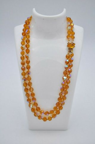 Vintage Amber Orange Cut Glass Necklace Iridescent Aurora Borealis Double Strand