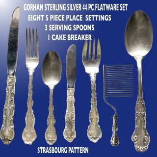 Gorham Sterling Silver Flatware Set Strasbourg Pattern 44 Piece Service For 8