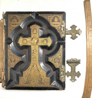 1880 Holy Catholic Bible Douay Rheims Clasps Leather Haydock Engravings Antique