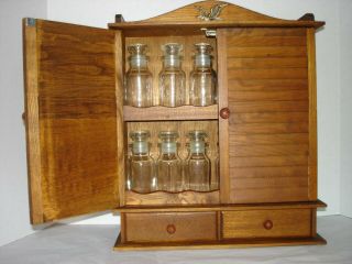 Vintage Wood Spice Cabinet Rack Wall Mount 2 Tier 2 Drawer 12 Glass Spice Jars