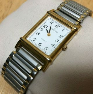 Vintage Rodania Men Gold Tone White Rectangle Analog Quartz Watch Hours Batt