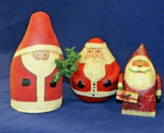Three Santa Claus Figures Signed Primitive Vintage Style Hand Painted