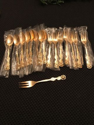 Vintage Dessert Set Of 8 Gold Plated Ep Ss Japan Rose Pattern Forks & Spoons