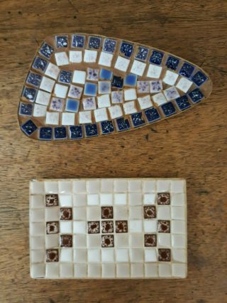 Vintage Set Of 2 Mid Century Ceramic Mosaic Tile Ashtray Trinket Key Dish