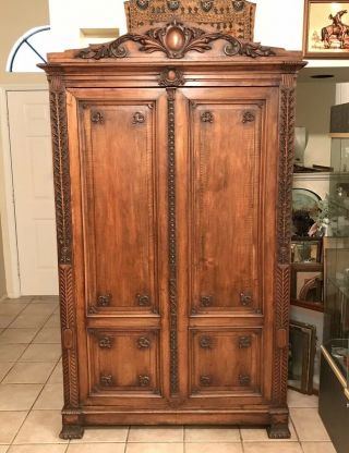 Antique French Country Wardrobe Armoire France Carved Oak Wood Furniture Bedroom