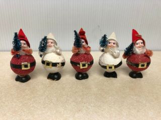 5 Vtg Chenille Pine Cone Christmas Pixie Elf Dwarf Gnome Felt Pipe Cleaner Santa