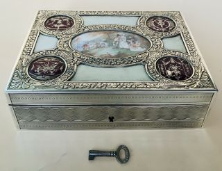 Lovely Large French Solid Silver Enamel & Hand Painted Jewellery Box Paris C1920