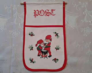 Vintage Christmas Dwarf Post Pocket Red White Cotton Wall Tapestry