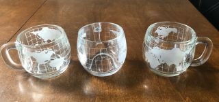 Vintage Nestle World Globe Atlas Frosted Etched Glass Coffee Cup Mug Set Of 3