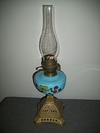 Antique Victorian Brass Oil Lamp With Hand - Painted Blue Glass Chamber (light)