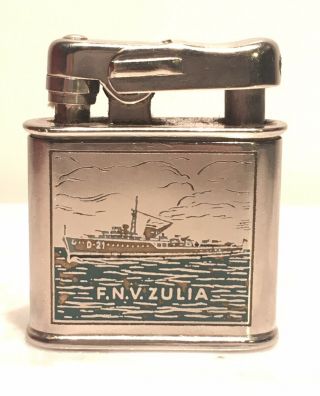 Vintage 1960s Lift Arm Cigarette Lighter With Venezuelan Navy Ship Fnv Zulia