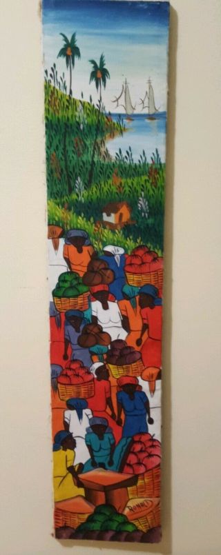 Vtg.  Signed Haitian Folk Artist Acrylic Painting On Canvas Women In Market