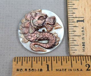 Chinese Dragon,  2 - Layer Carved / Dyed Pearl Button,  1800s Mop Design