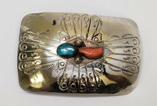 Vintage Old Pawn Navajo Turquoise And Coral Sterling Silver Belt Buckle