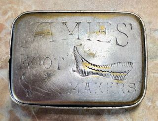 VINTAGE ADVERTISING MATCH SAFE/VESTA – “AIMES BOOT MAKERS” – PINCH TO OPEN 2