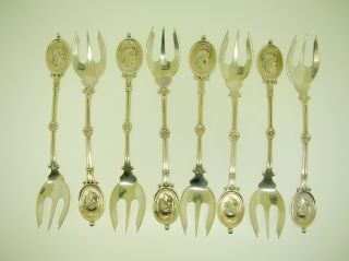 Ball,  Black & Co Rare Set Of 8 Silver Oyster Forks Pallas Athena Medallion