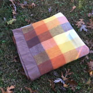 Vtg North Star Blanket 100 Wool W/ Satin Trim 77 " X 82 " Orange Yellow Plaid
