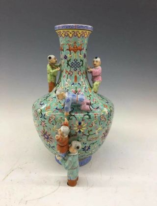 Delicate Chinese Antique Qing Famille Rose Porcelain Boy Vase