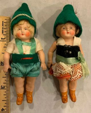 Antique 3 1/2” Pair Celluloid Dollhouse Dolls Marked 9 Germany