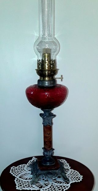 Vintage Art Nouveau Oil Lamp With Red Glass Font,  Pewter & Marble Base 25 " Tall