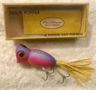 Fishing Lure Fred Arbogast Hula Popper Pre 1960 Fiery Sunset Tackle Box Bait