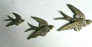 1930s Vintage Lovely Set Of 3 Solid Brass Swallows (wall Art)