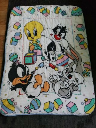 Vintage Warner Bros.  Baby Looney Tunes Crib Blanket/comforter 1993 Blue Trim