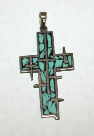 Vintage Taxco Sterling Silver & Turquoise Cross Pendant Tp - 54