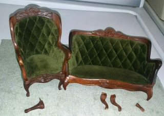 Sonia Messer Tlc Green Velvet Victorian Couch & Chair Dollhouse Vintage