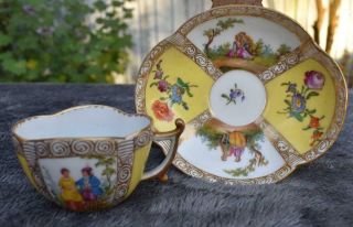 Antique 19thc Dresden Cup & Saucer - Hand Painted Figures