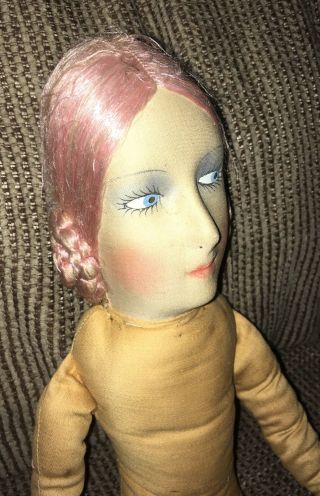 Antique Vintage 1920s French? FLAPPER BOUDOIR BED DOLL 23” PINK Hair 2