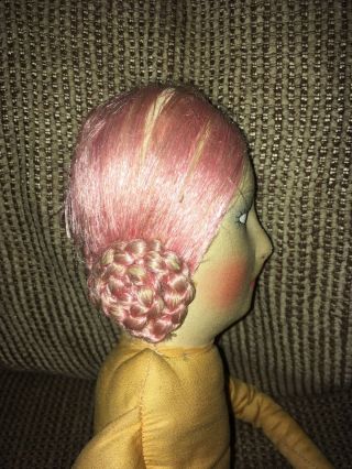 Antique Vintage 1920s French? FLAPPER BOUDOIR BED DOLL 23” PINK Hair 3