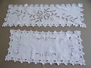 Vintage French 2 Table Runner Hand Embroidered Cutwork White Linen Ribbon