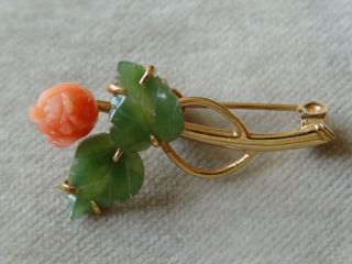 Vintage Jewellery Art Deco Carved Coral Green Jade Rose Flower Brooch