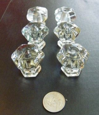 6 Vintage Large Glass Knobs Cabinet Pulls,  1 3/8 " Across,  Six Sided Hexagon