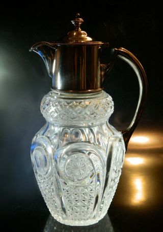 Antique English Cut Glass Pitcher W Silverplate Wm.  Hutton & Sons Top