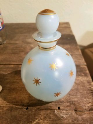 Vintage Blue Glass Perfume Bottle With Gold Stars And Trim