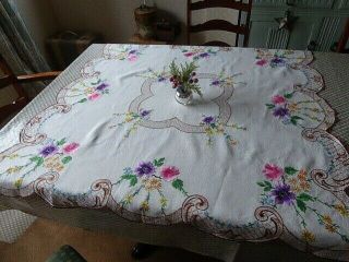 Vintage Hand Embroidered Tablecloth / Lovely Raised Embroidery -