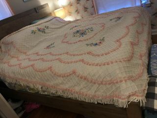 vintage bedspread Full Chenille Flowers White Fringe Cabin Crafts 2