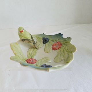 Gorgeous Vintage Takahashi Japan Pottery Green Bird Amongst Flowers Soap Dish