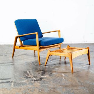 Mid Century Danish Modern Lounge Chair Ib Kofod Larsen Blonde Ottoman Blue Arm M