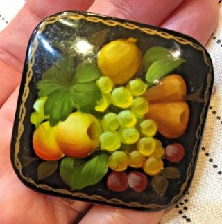Vintage Russian Black Lacquer Hand Painted Fruit Pin Brooch Signed