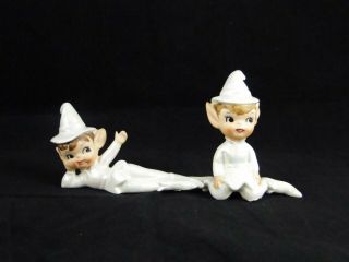 2 Vintage Lefton White Pixie Elf Figurine Pearl Iridescent