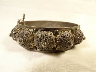 Antique Victorian Filigree Domes Hinged Cuff Pin Close Wide 7.  5” Bracelet