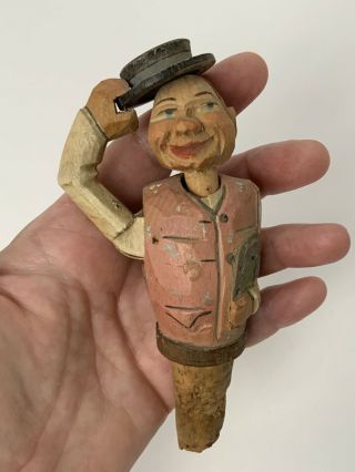 Vintage Anri Wood Carved Man Top Hat Bows Head Mechanical Bottle Wine Stopper