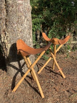 Vintage Folding Camping Stools Hand Tooled Leather Seat Cowboy Western Boho