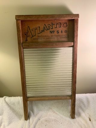 Antique Vintage Atlantic National Washboard Co No 510 Wood Ribbed Glass