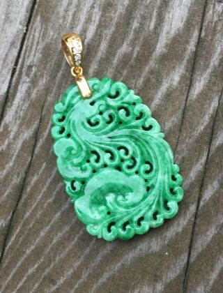 Vintage Antique Chinese Finely Carved Green Jade Diamond 18k Pendant Estate