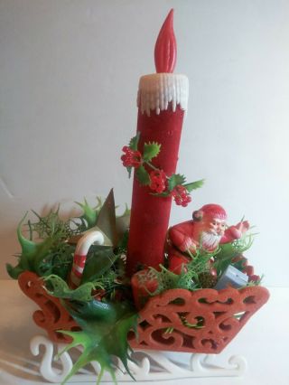 Vintage Japan Christmas Holiday Planter With Santa Claus Sleigh Candle Plastic